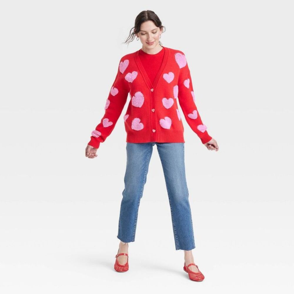 33 Degrees - Women's Valentine's Day Pink Hearts Graphic Cardig Red - Picture 3 of 4